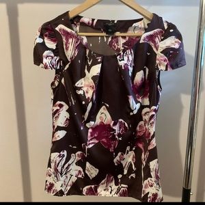 Ann Taylor Womens Sz 4 Maroon Floral Capped Slv Fit Flare Top Blouse